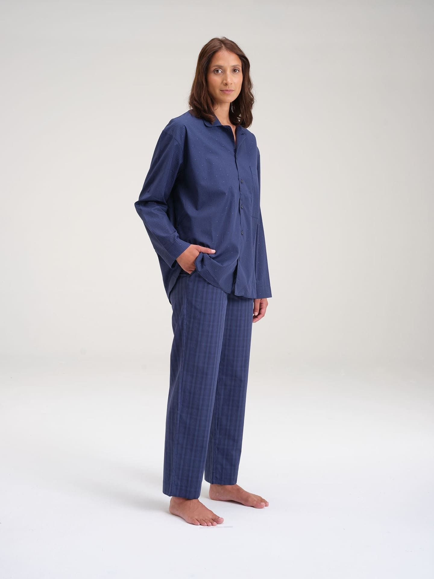 Avonté Pyjama Shirt midnight navy check Nachtwäsche Größe XS